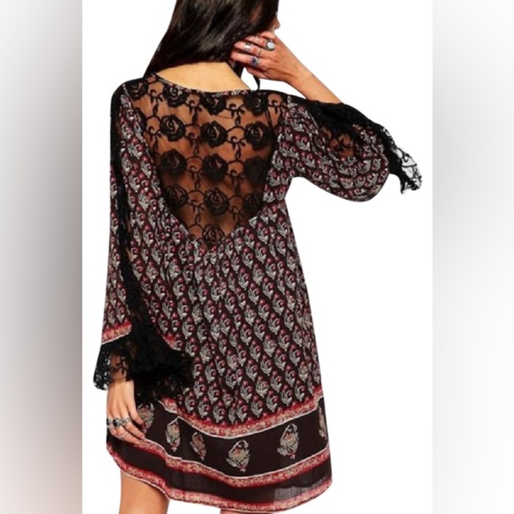 Free People || Black with Lace Nomad Child Casual Dress - Picture 3 of 8